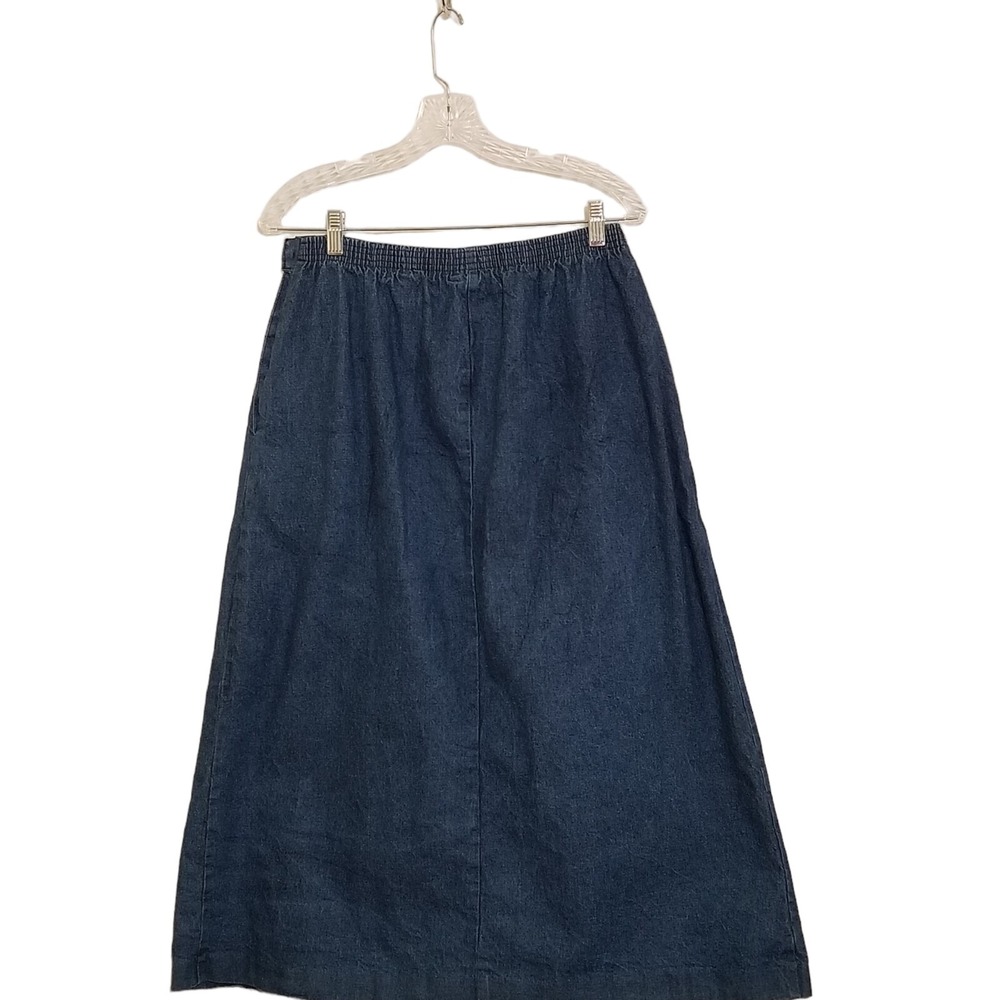 Vtg 80s Skirt A-Line Long Dark Wash Denim Mom S Pleats Elastic Pockets Modest - Picture 3 of 14